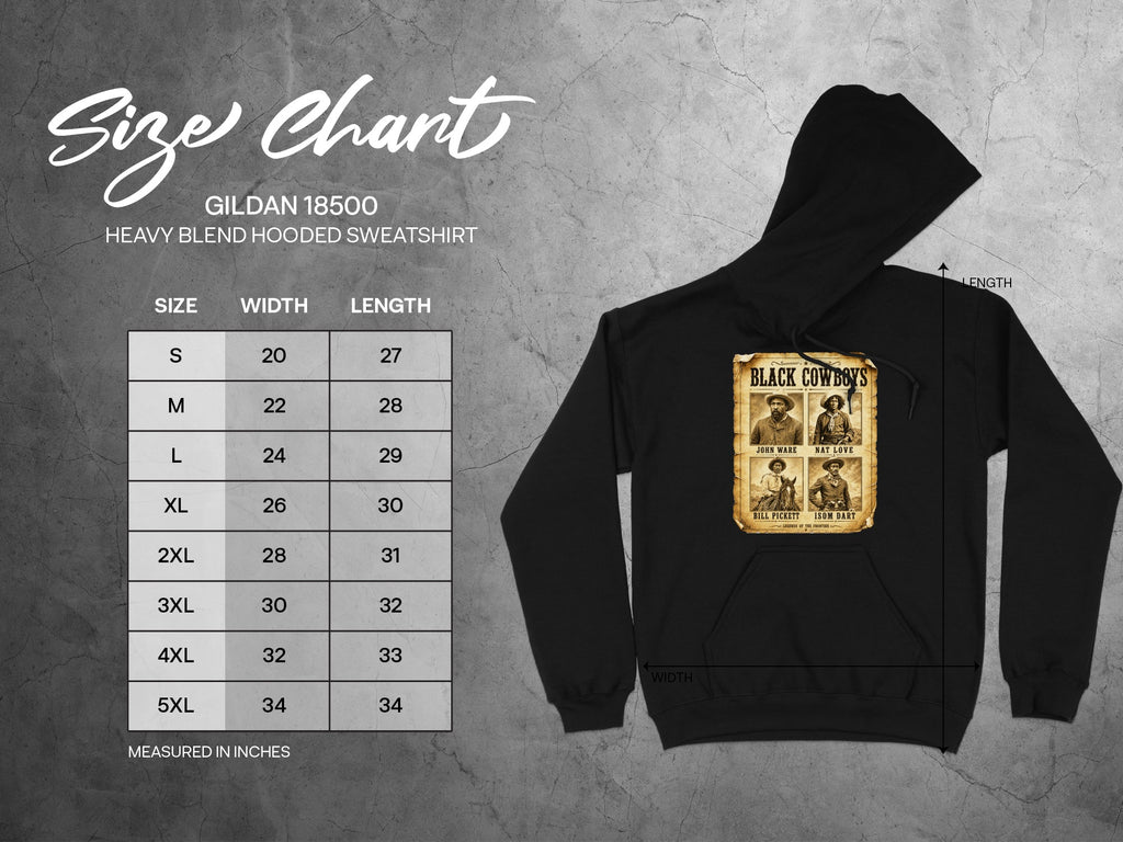 Gildan 18500 hooded sweatshirt size chart with Black Cowboys graphic.