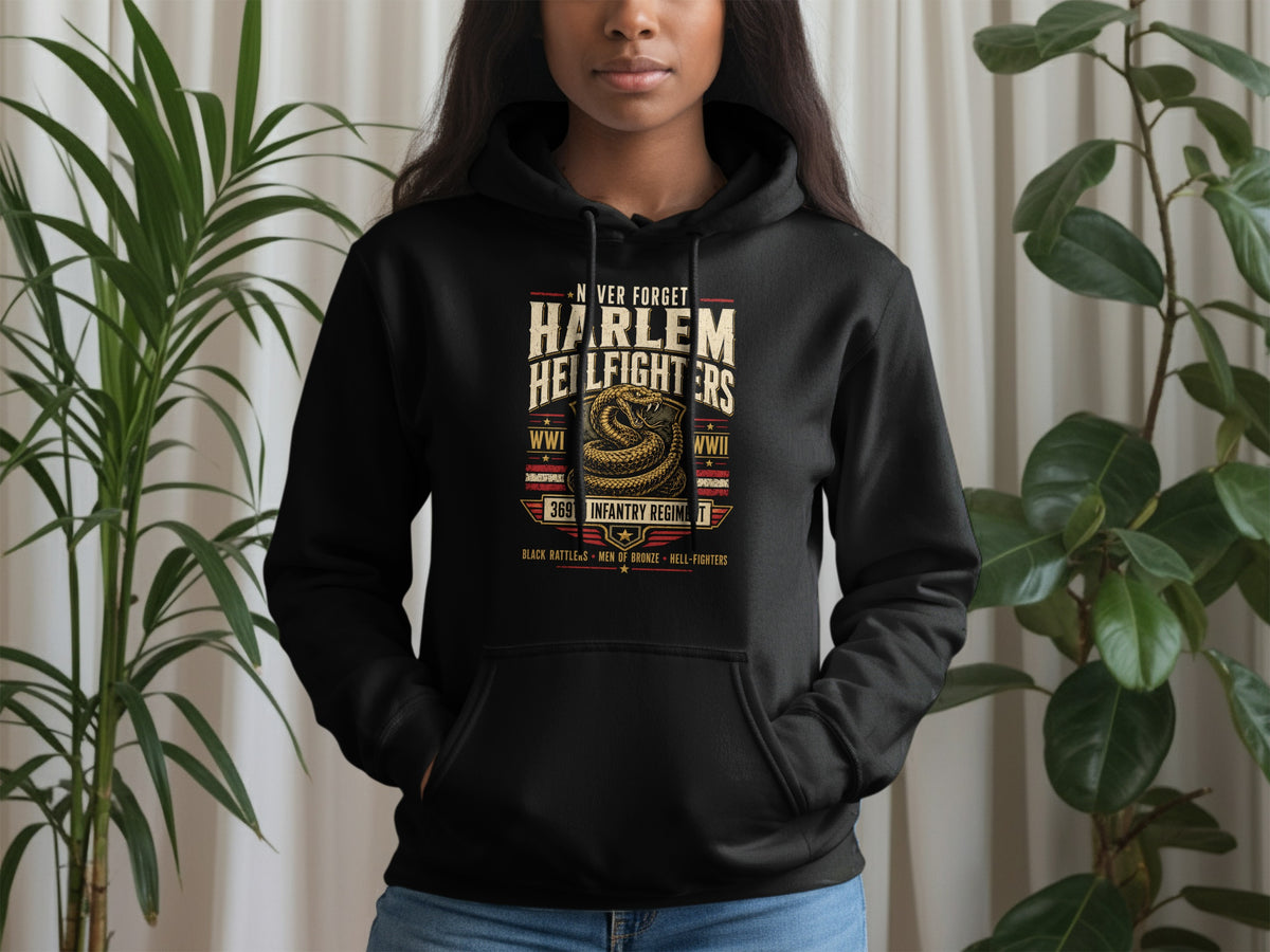 Black hoodie featuring Harlem Hellfighters with snake emblem and "Never Forget" text.