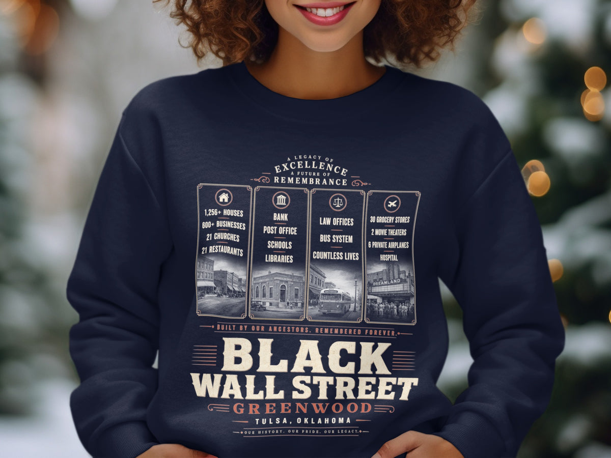 Black Wall Street Greenwood Tulsa, Oklahoma with historical business and building illustrations.