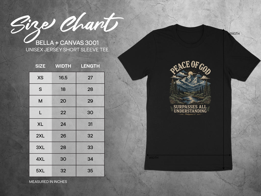 Size chart for Bella + Canvas 3001 unisex jersey short sleeve tee.