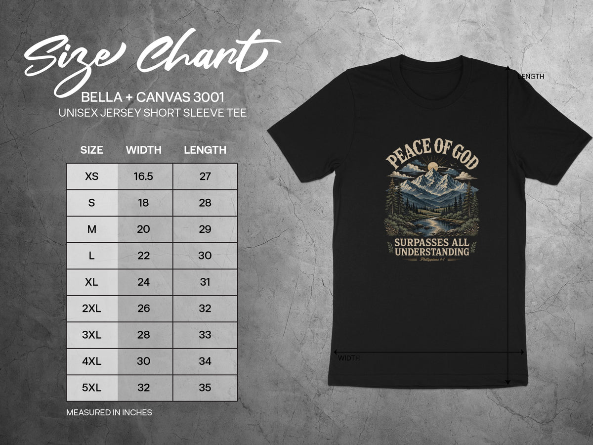 Size chart for Bella + Canvas 3001 unisex jersey short sleeve tee.