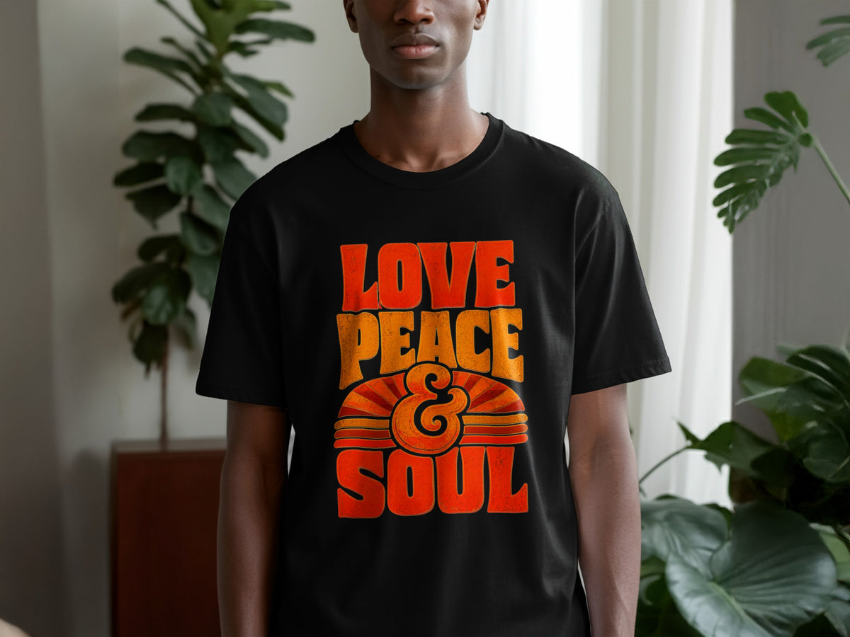 Black t-shirt with orange and yellow text that reads "LOVE PEACE & SOUL."