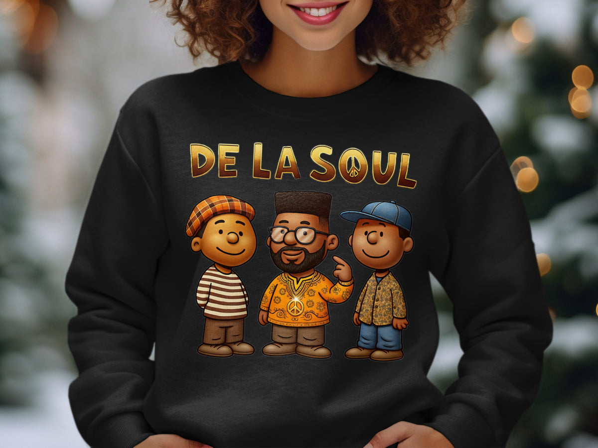 "De La Soul" text above three cartoon figures wearing casual clothing.