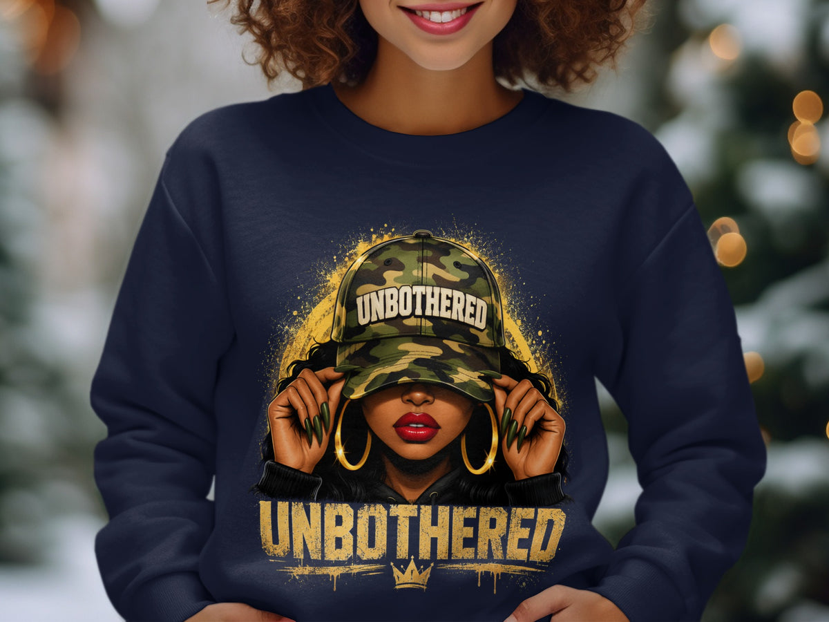 Dark navy sweatshirt with graphic of a woman wearing a camouflage hat with "UNBOTHERED" and "UNBOTHERED" text.