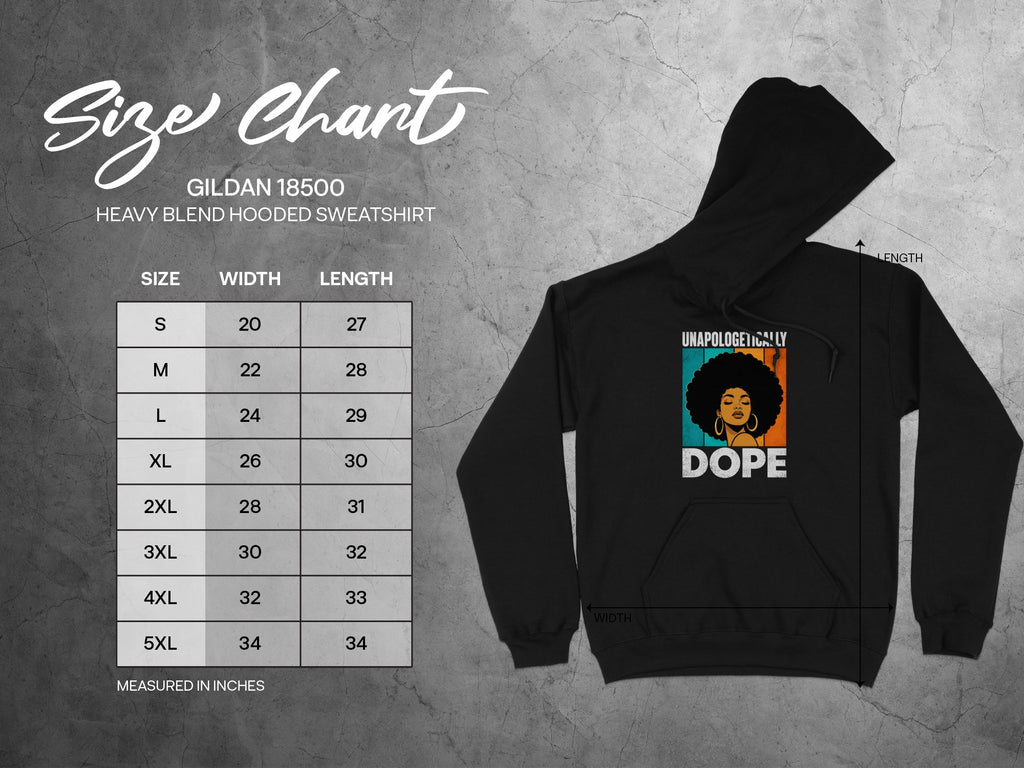 Gildan 18500 sweatshirt size chart with width and length measurements in inches.