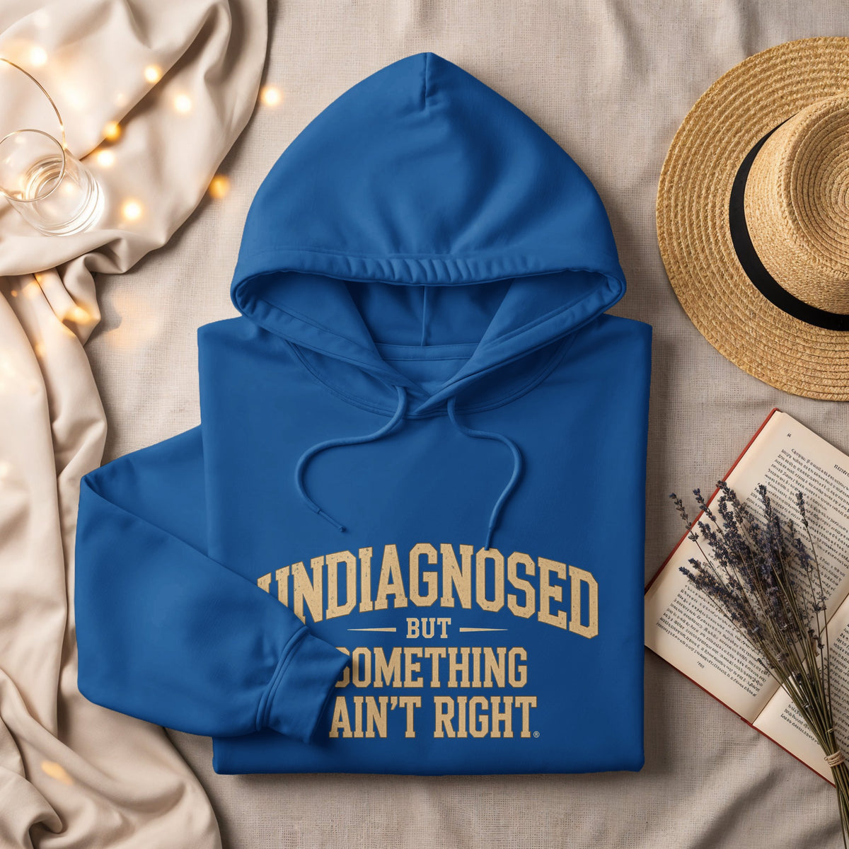 Blue hoodie with gold text that reads "UNDIAGNOSED BUT SOMETHING AIN'T RIGHT."
