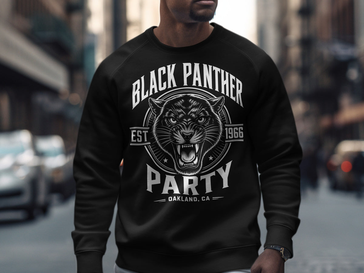 Black Panther Party Oakland CA sweatshirt with a roaring panther graphic.