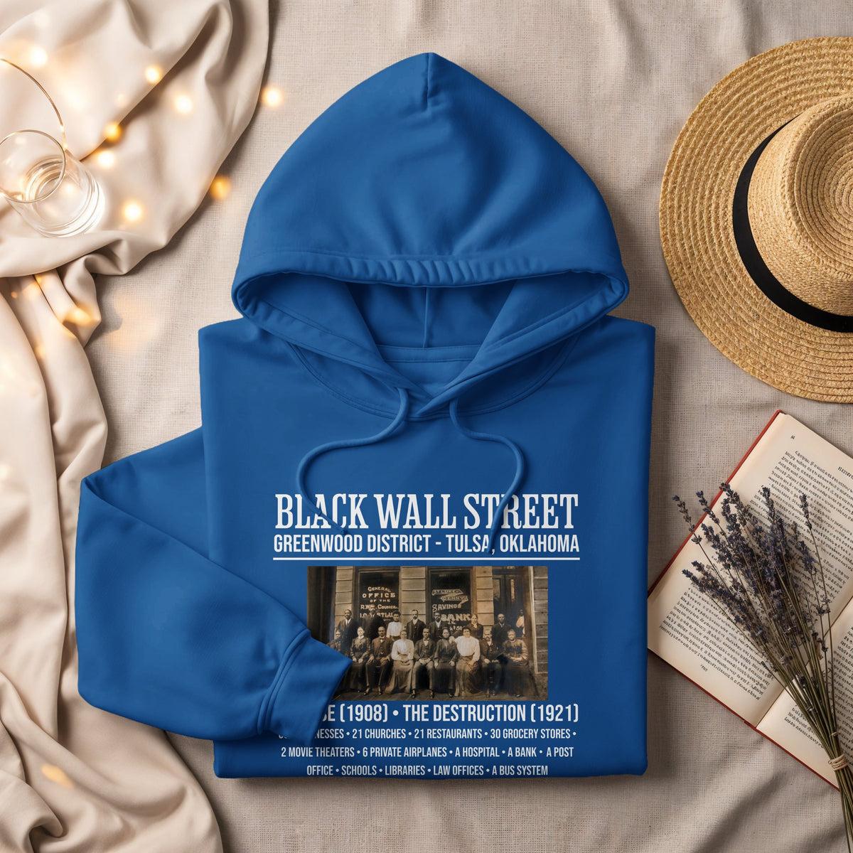 Blue hoodie with Black Wall Street, Tulsa, Oklahoma text and historical image.