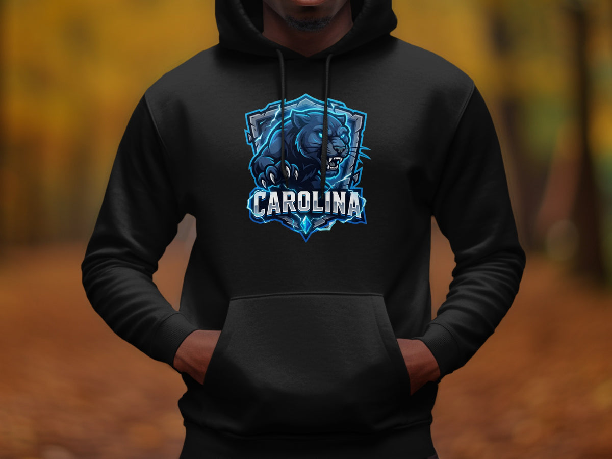 Black hoodie with a blue panther logo and "CAROLINA" text.