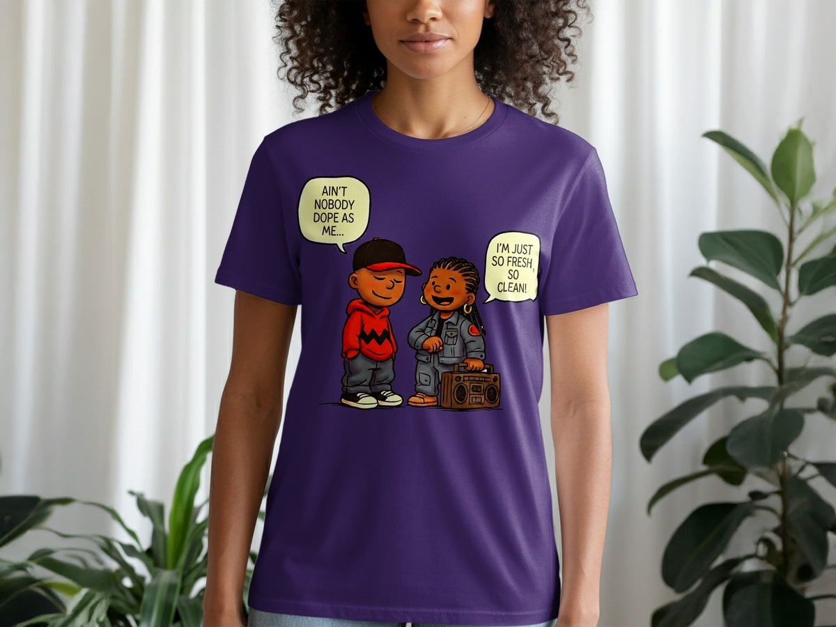 Purple t-shirt with cartoon of two kids and a boombox, text reads "Ain't nobody dope as me..." and "I'm just so fresh, so clean!".