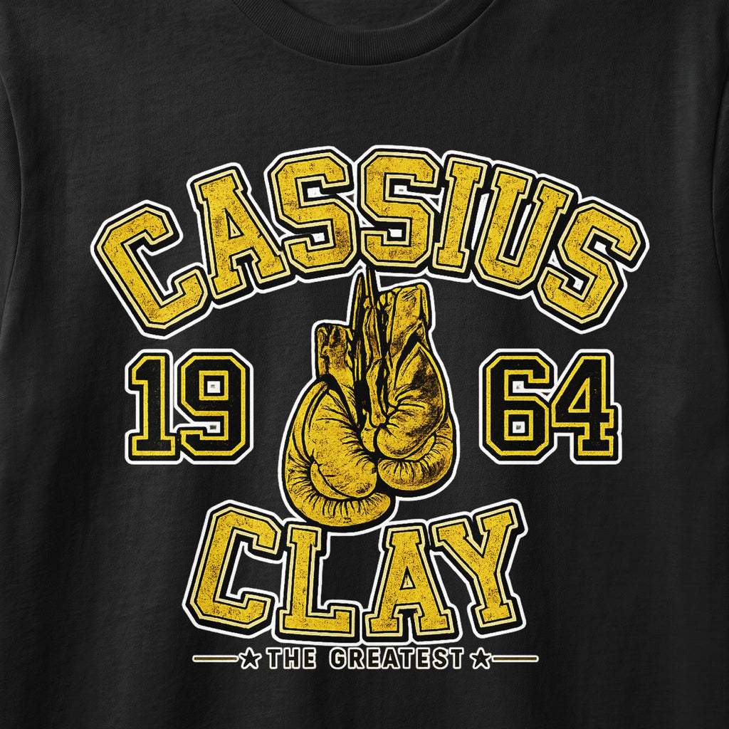 Cassius Clay 1964 boxing gloves graphic with text "THE GREATEST".