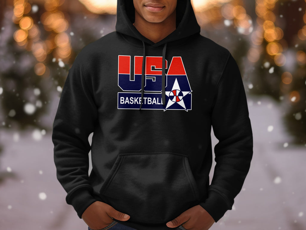 Black hoodie with USA Basketball logo in red, white, and blue.