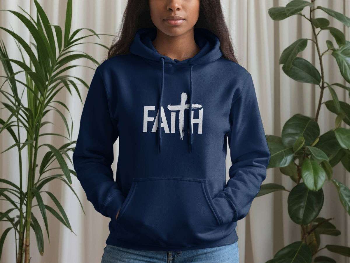 Navy blue hoodie with white "FAITH" text and cross graphic.