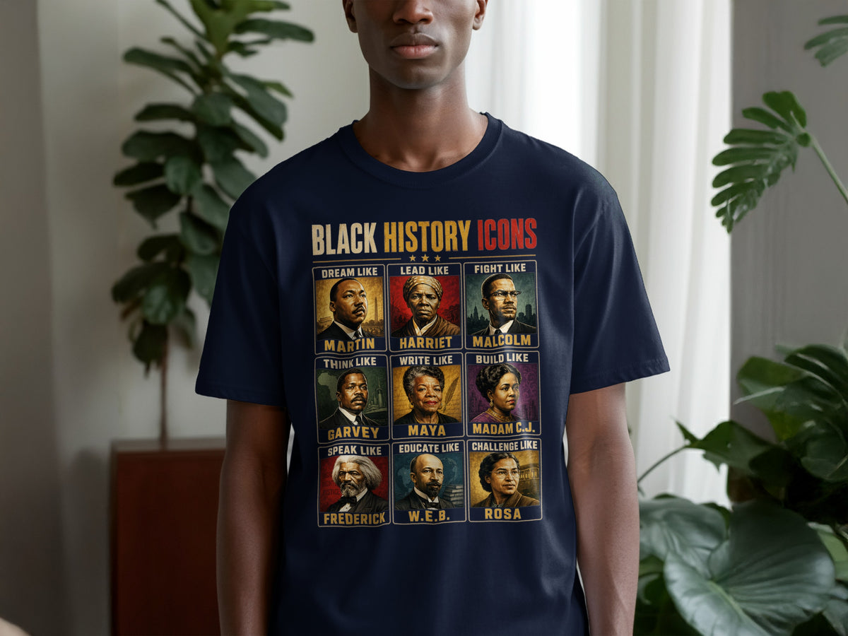 Navy t-shirt featuring "BLACK HISTORY ICONS" and portraits of nine historical figures.