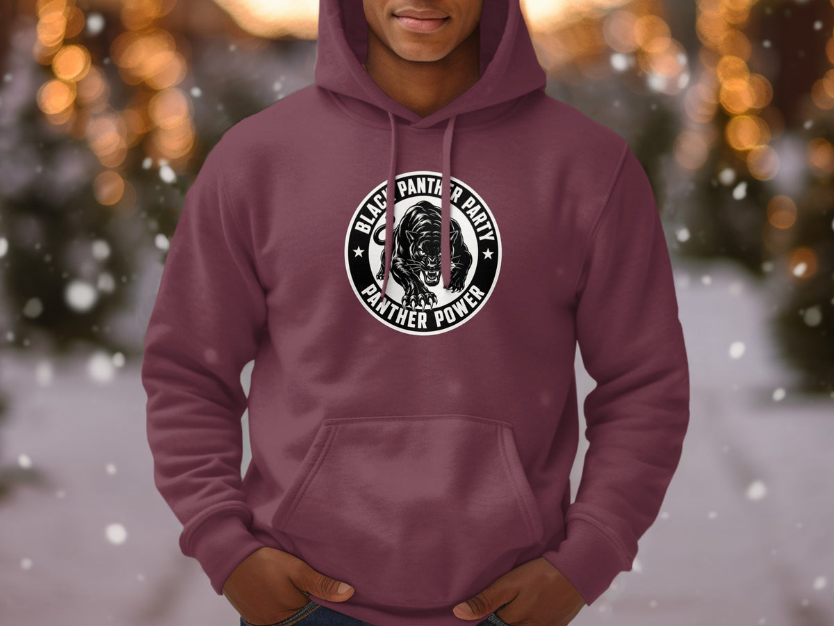 Maroon hoodie with Black Panther Party and Panther Power graphic on chest.