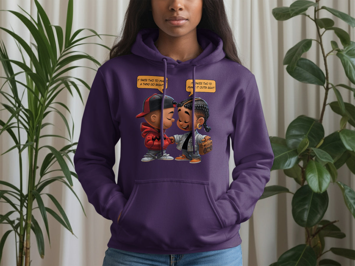 Purple hoodie featuring animated characters shaking hands with speech bubbles.