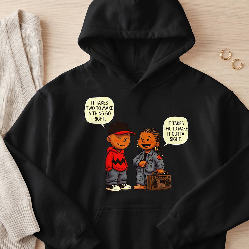 Black hoodie with cartoon characters saying "It takes two to make a thing go right" and "It takes two to make it outta sight".