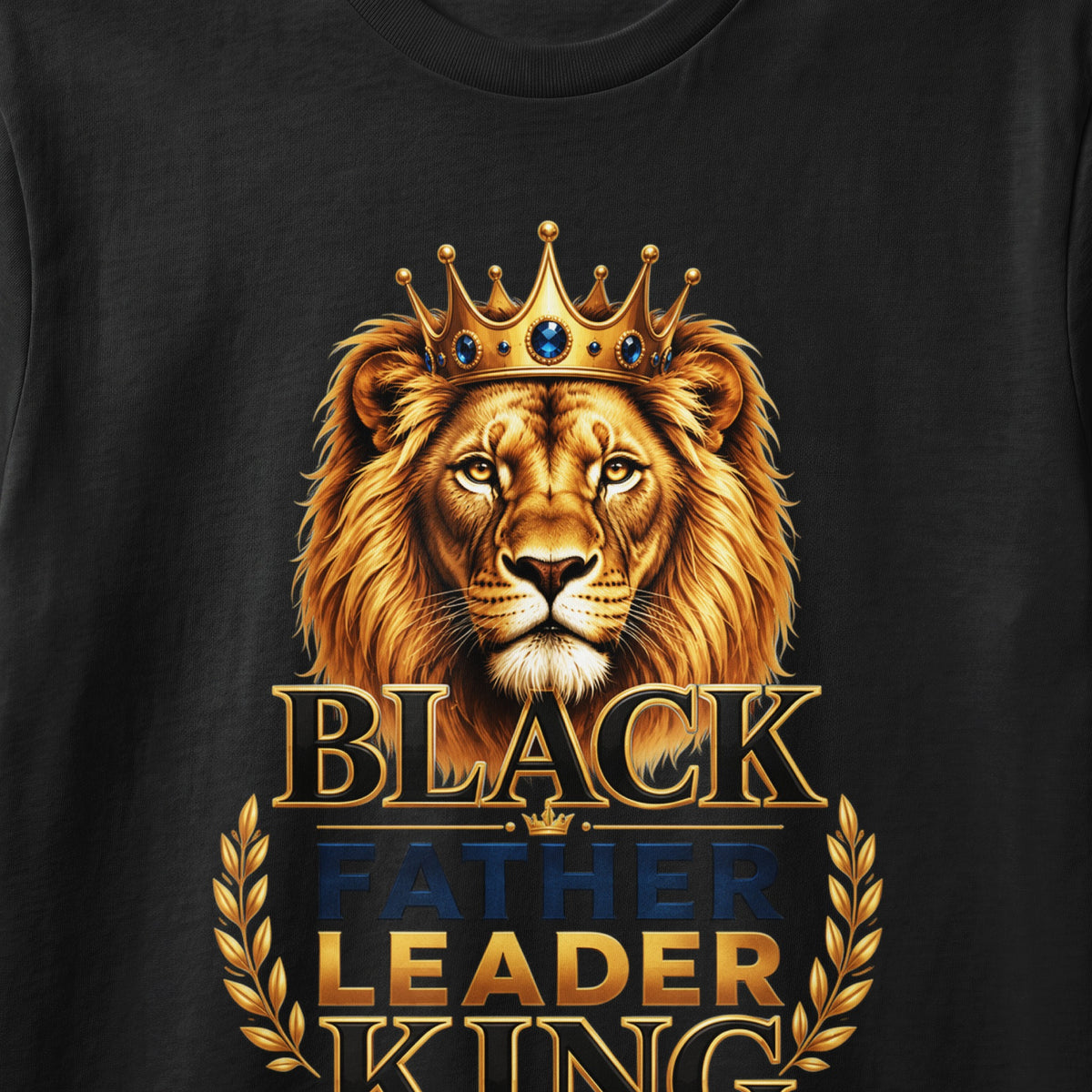 Lion with crown and text "BLACK FATHER LEADER KING" on black t-shirt.