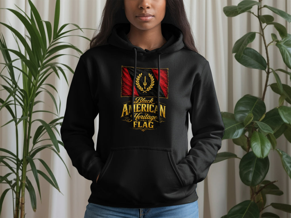 Black hoodie featuring a distressed flag with gold text "Black American Heritage Flag."