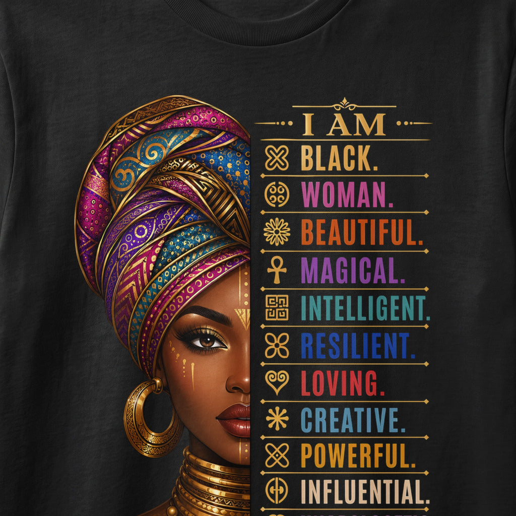 I AM BLACK, WOMAN, BEAUTIFUL, MAGICAL, INTELLIGENT, RESILIENT, LOVING, CREATIVE, POWERFUL, INFLUENTIAL.