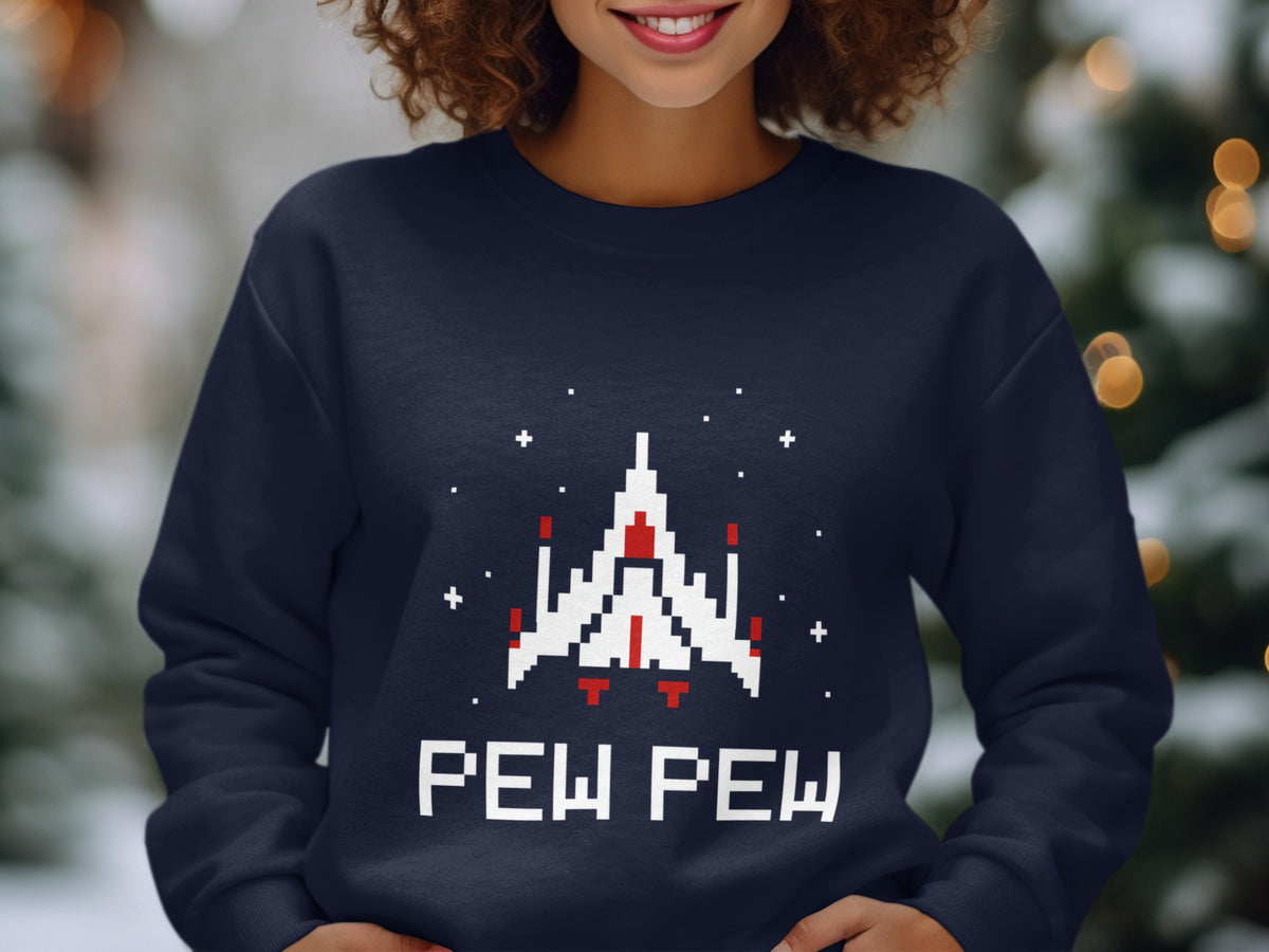 Navy sweatshirt with pixelated spaceship graphic and "PEW PEW" text.