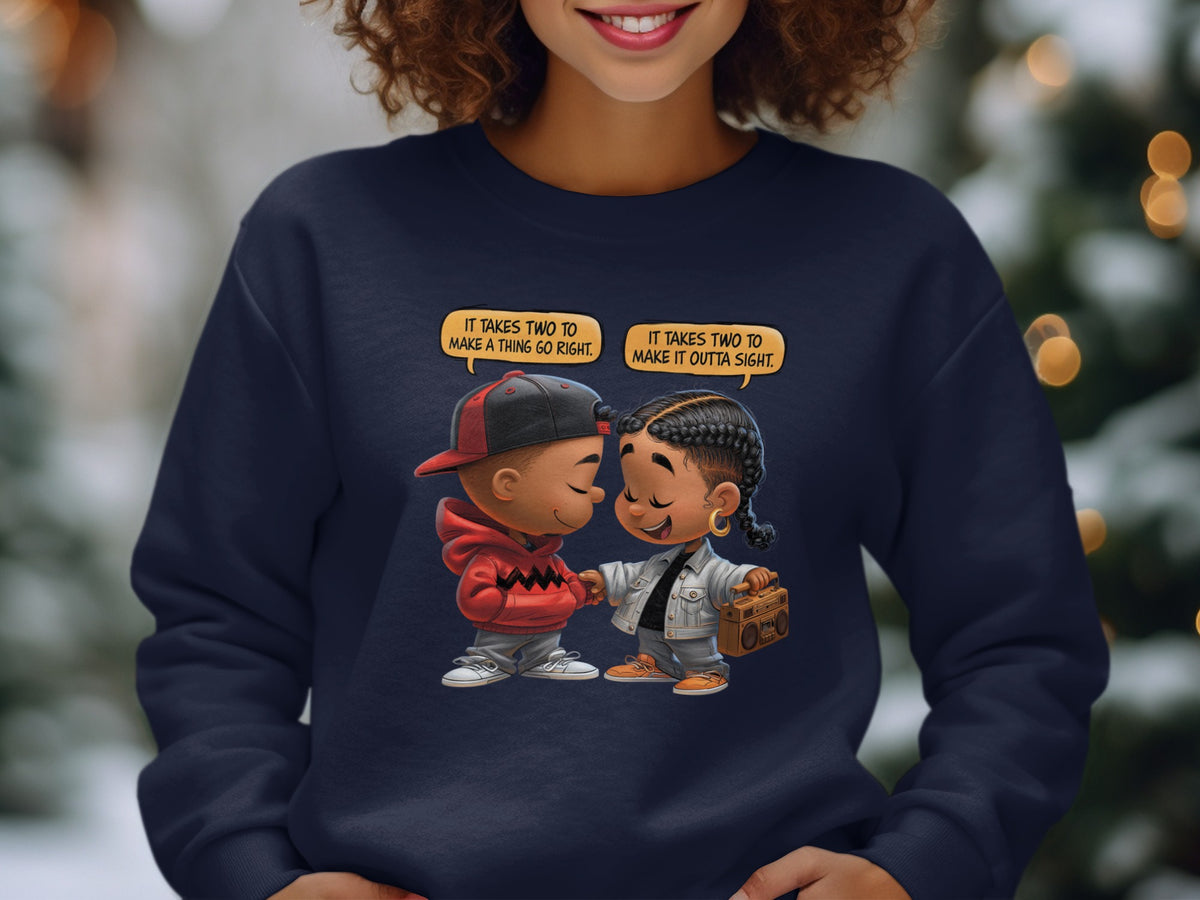 Cartoon children holding hands with dialogue bubbles: "It takes two to make a thing go right."