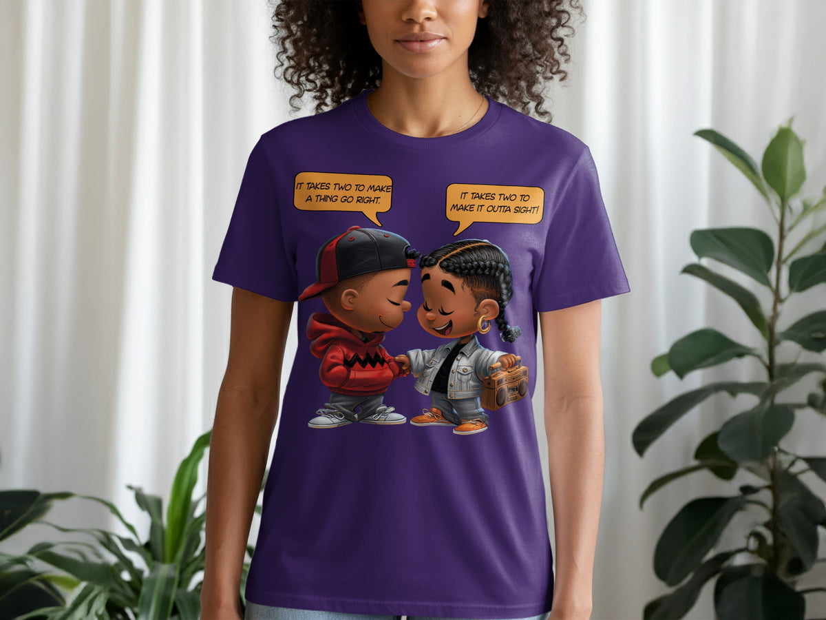 Purple t-shirt with cartoon boys, one holding a boombox, with dialogue bubbles.