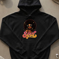 Black hoodie with a graphic of a woman with an afro and the word "Soul".