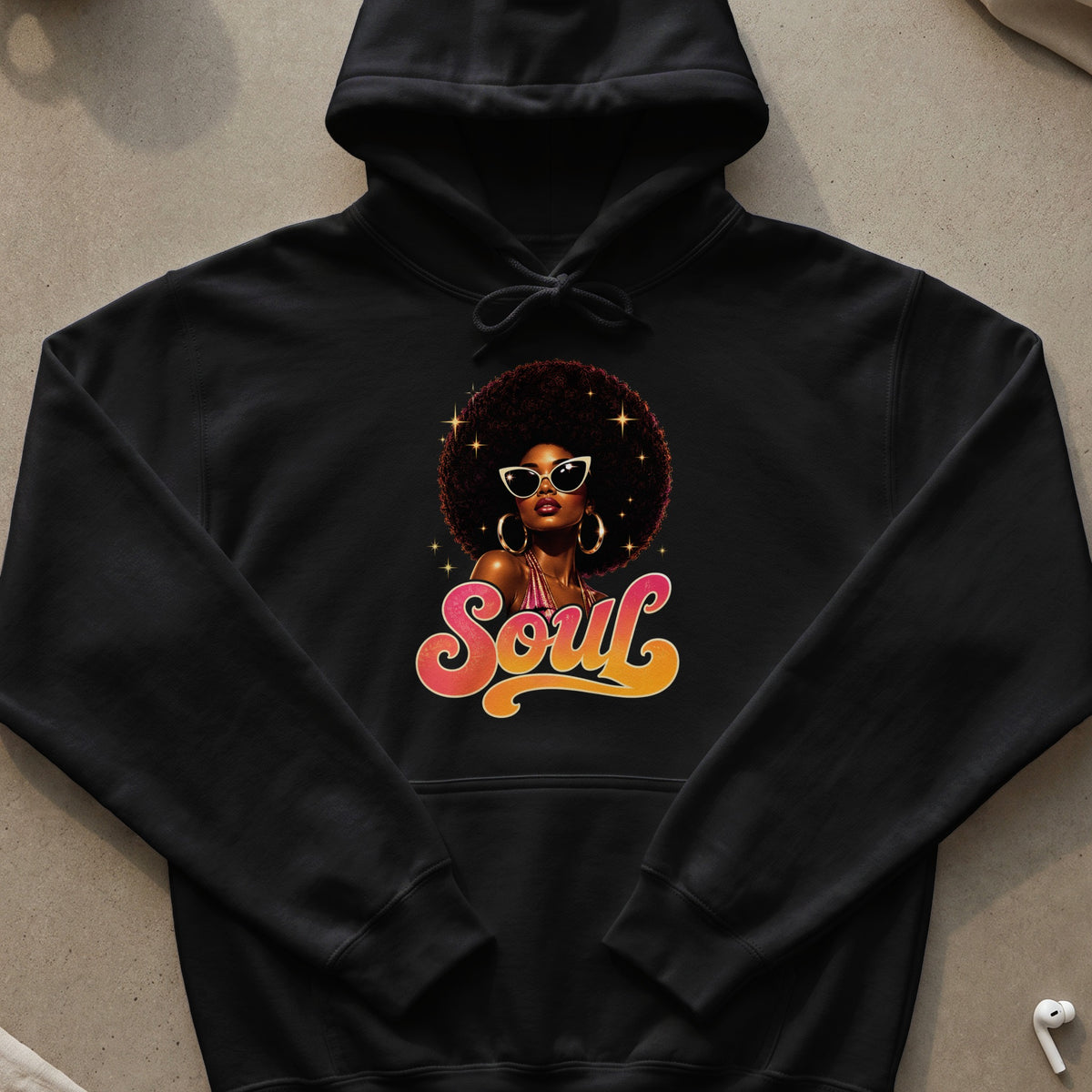 Black hoodie with a graphic of a woman with an afro and the word "Soul".