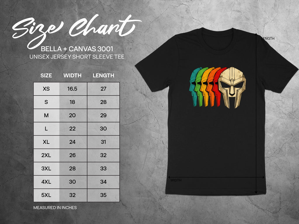 Size chart for Bella + Canvas 3001 unisex short sleeve tee with measurements in inches.