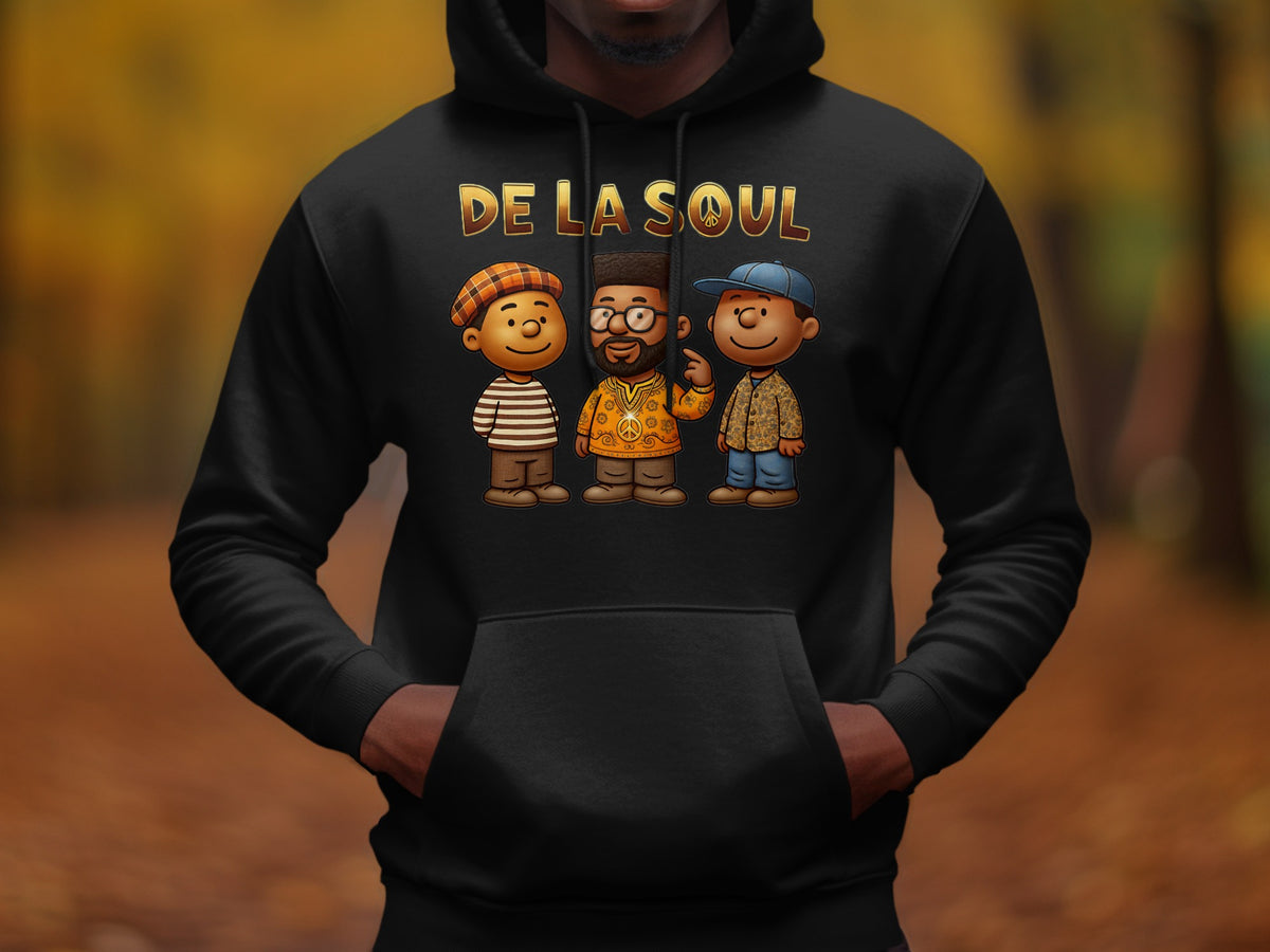 Black hoodie featuring cartoon figures and "De La Soul" text with a peace sign.