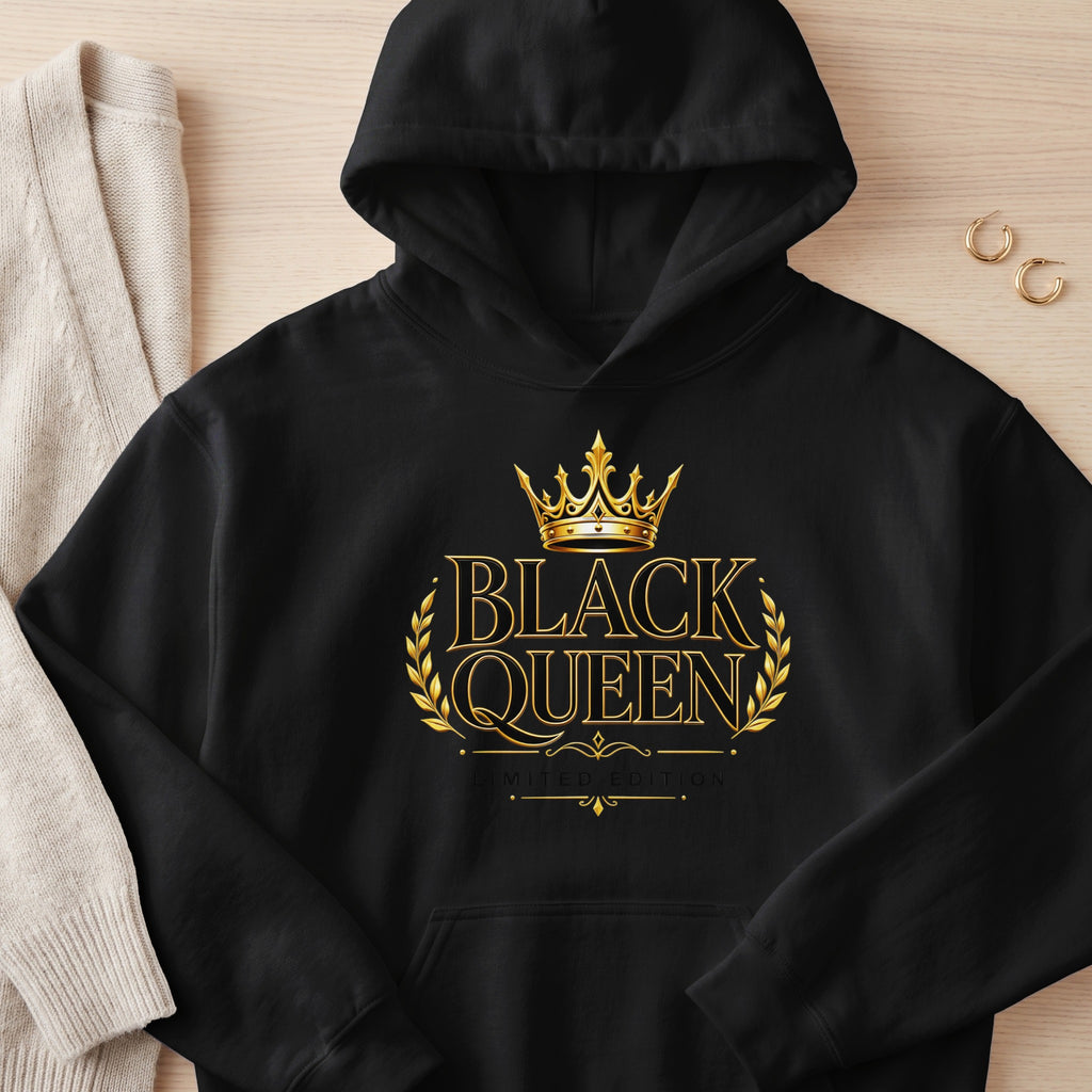 Black hoodie with gold "Black Queen" text and crown, limited edition