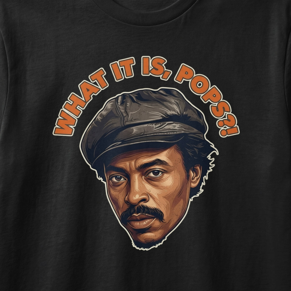 Illustration of a man in a hat with text "WHAT IT IS, POPS?!"