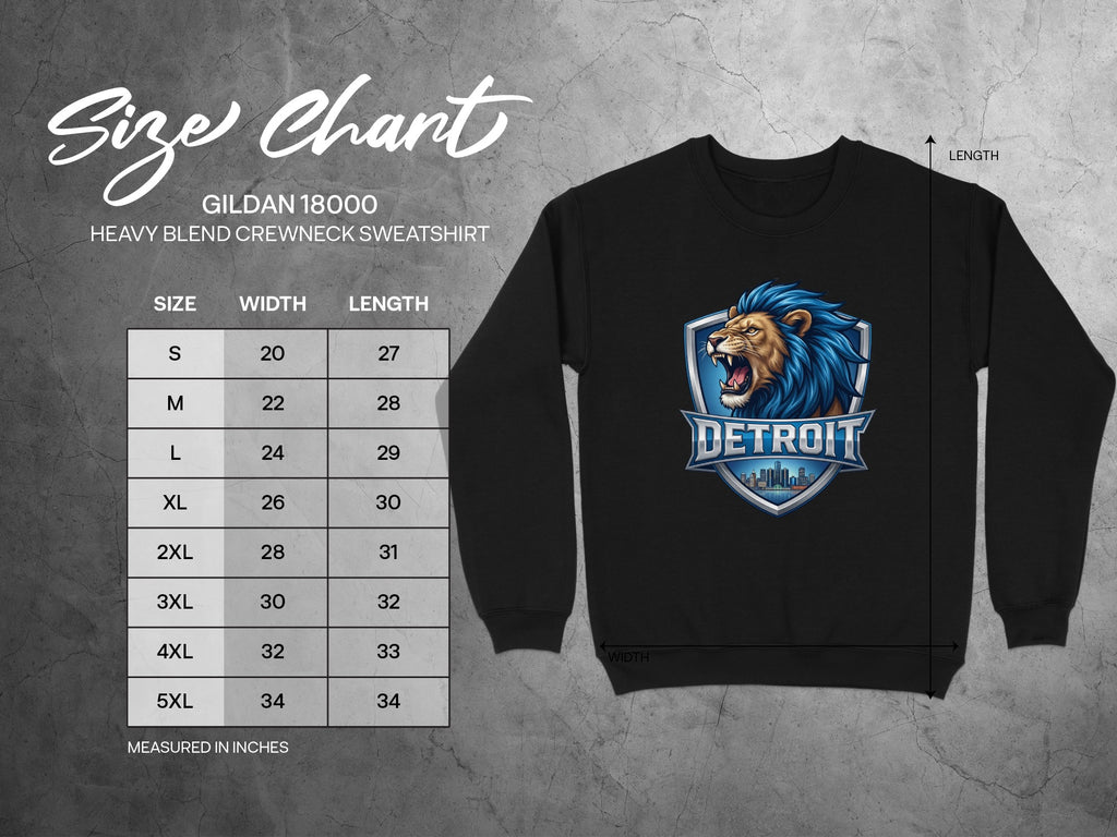 Gildan 18000 Heavy Blend Crewneck Sweatshirt size chart for S through 5XL.
