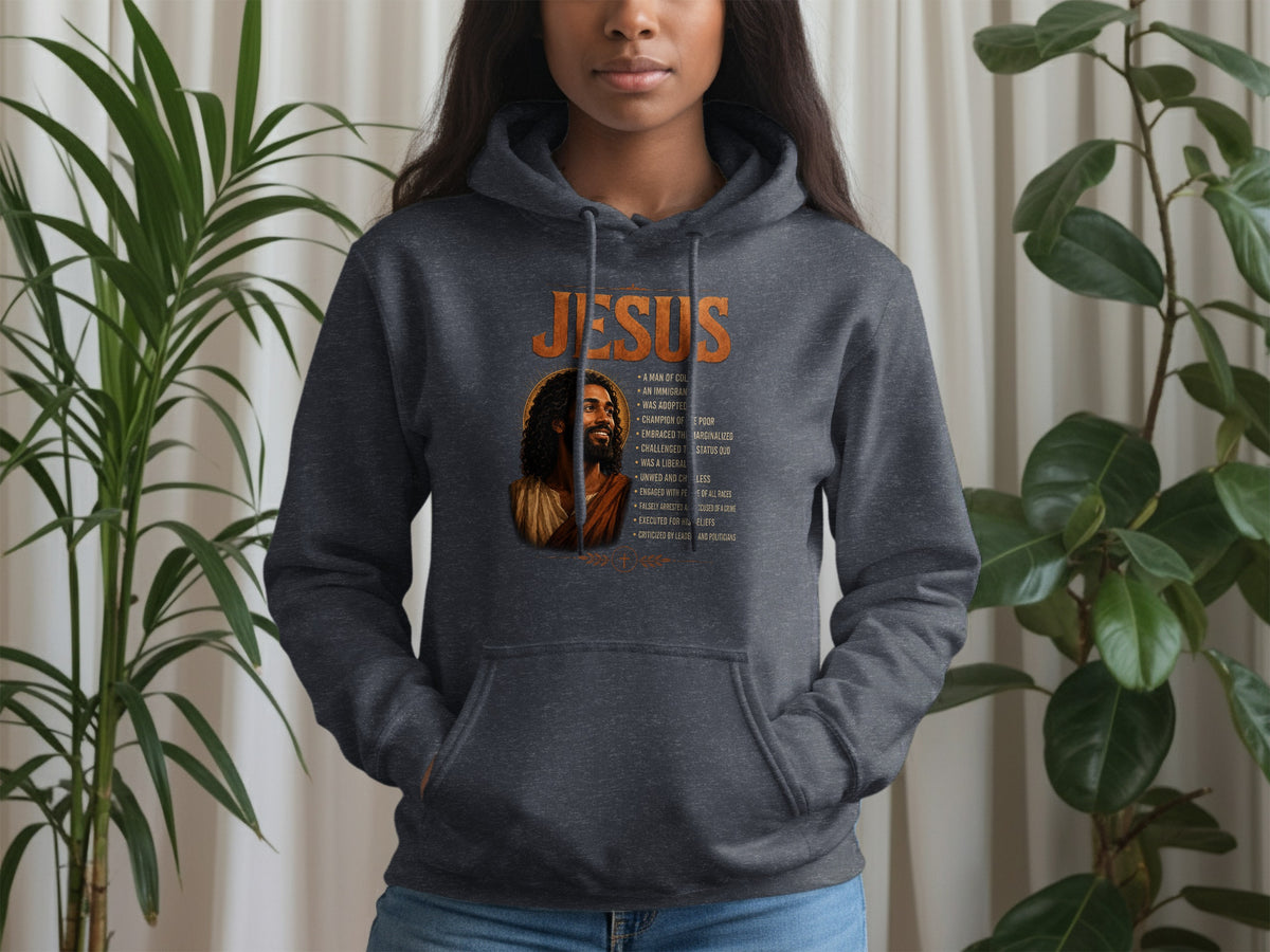 Dark grey hoodie with "JESUS" and a portrait with descriptive bullet points.