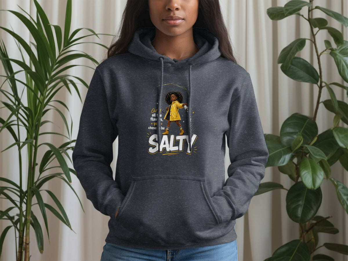 Dark grey hoodie with illustration of a girl and text that reads "Salty."