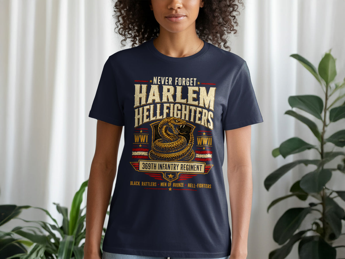 Navy t-shirt with Harlem Hellfighters design featuring a snake, WWI, WWII, and 369th Infantry Regiment.