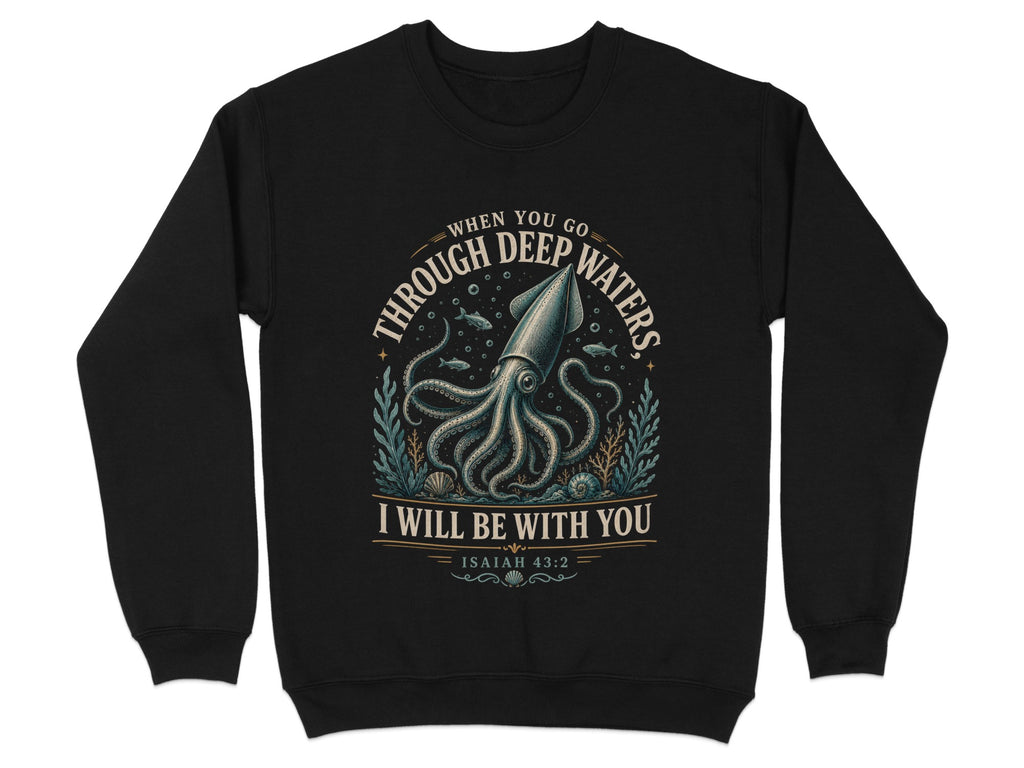 Black sweatshirt with a graphic of a squid surrounded by underwater plants and text.