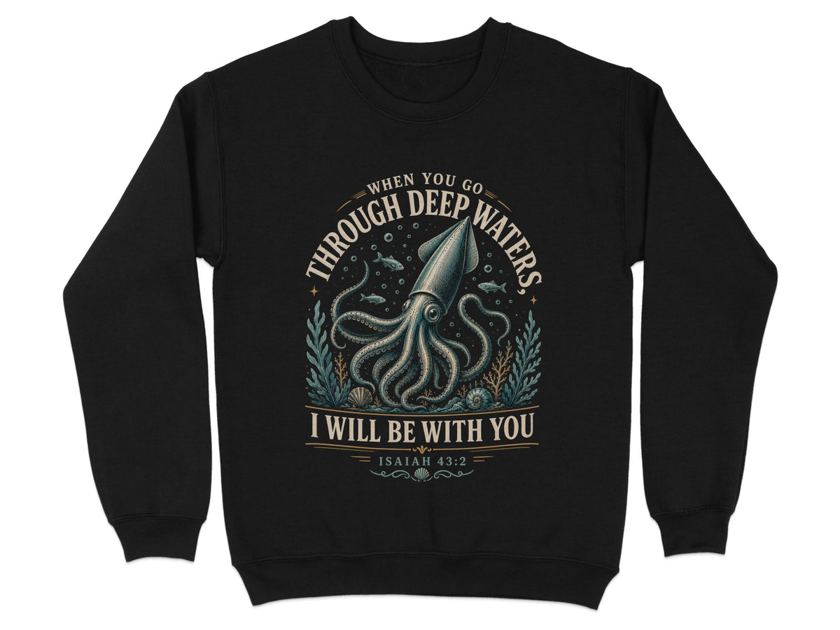 Black sweatshirt with a graphic of a squid surrounded by underwater plants and text.