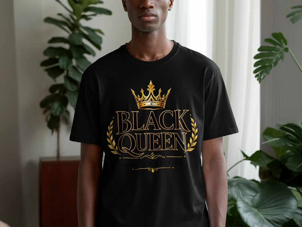 Black t-shirt with gold "BLACK QUEEN" text, crown, and "LIMITED EDITION" below.