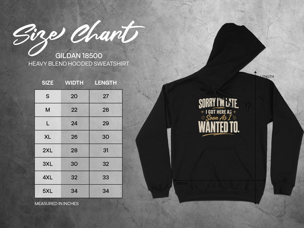 Gildan 18500 Heavy Blend Hooded Sweatshirt size chart with width and length measurements in inches.