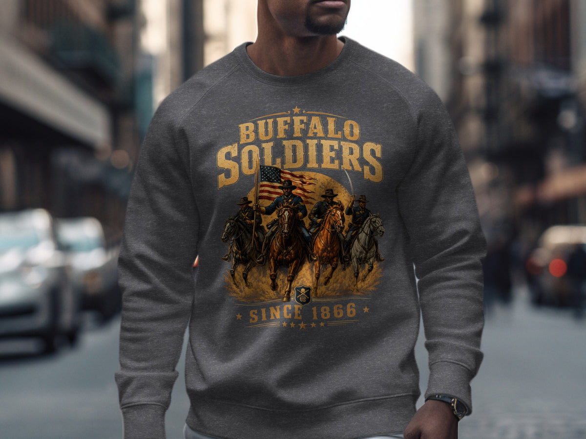 Buffalo Soldiers graphic on a charcoal gray sweatshirt with horses and US flag.