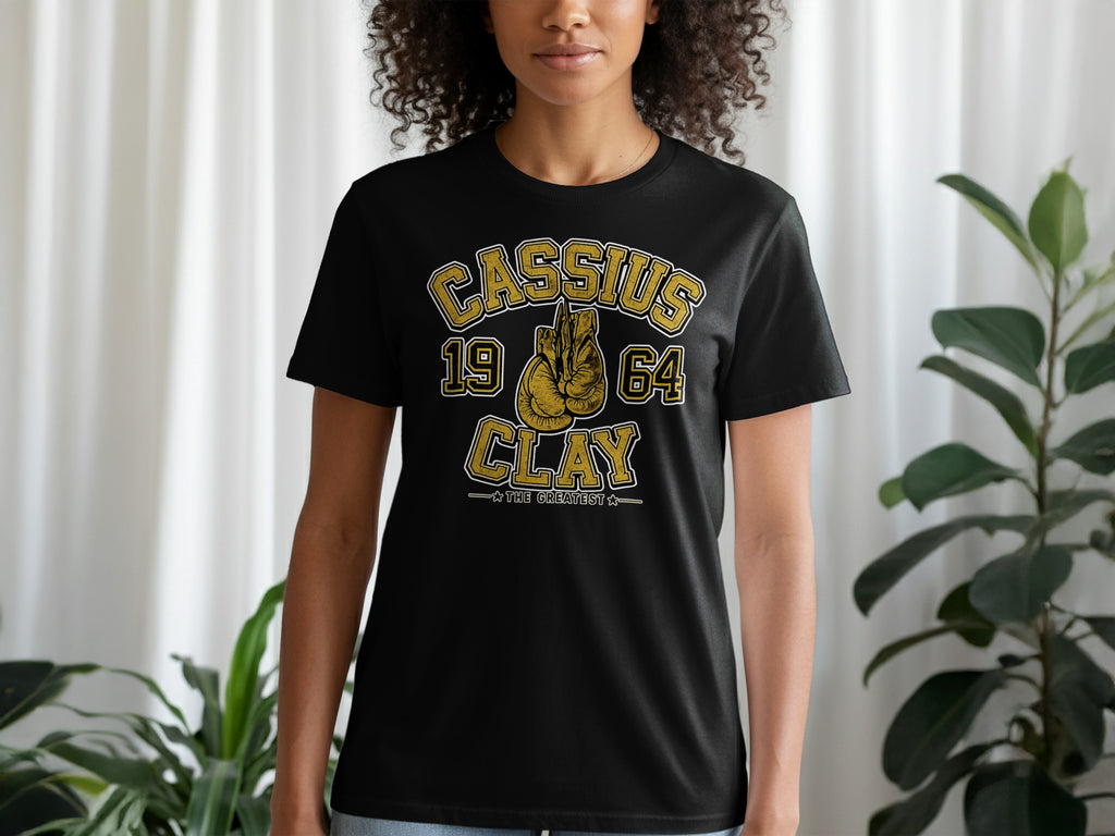 Black t-shirt with Cassius 19 64 Clay and boxing gloves graphic.