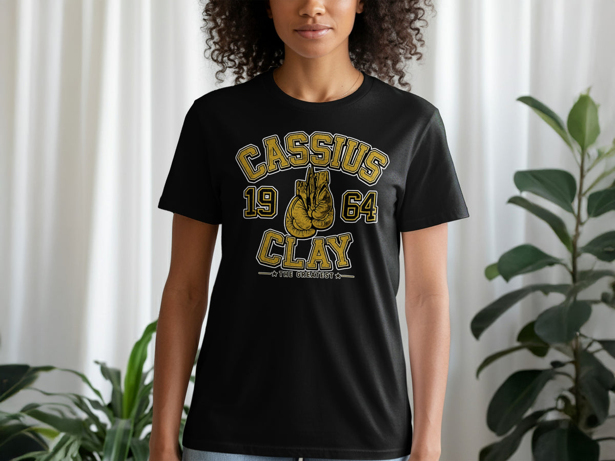 Black t-shirt with Cassius 19 64 Clay and boxing gloves graphic.