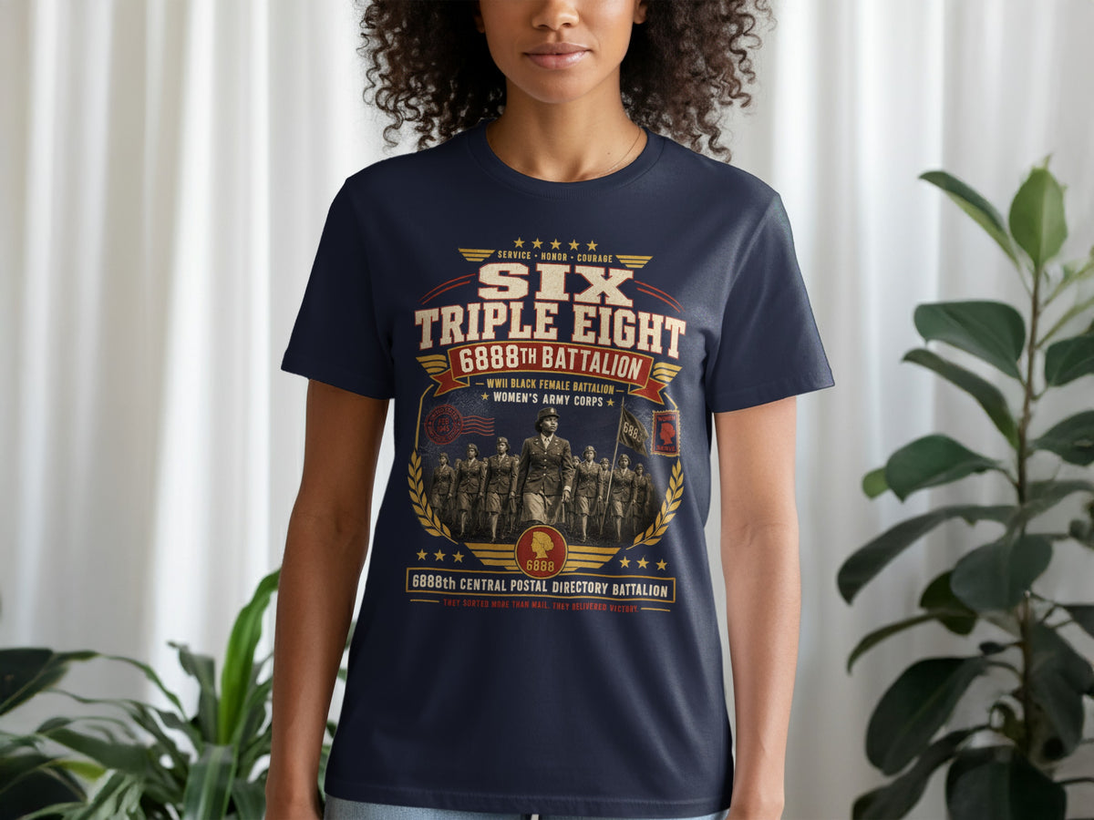 Dark blue t-shirt with graphic of "Six Triple Eight 6888th Battalion WWII Black Female" and women in uniform.