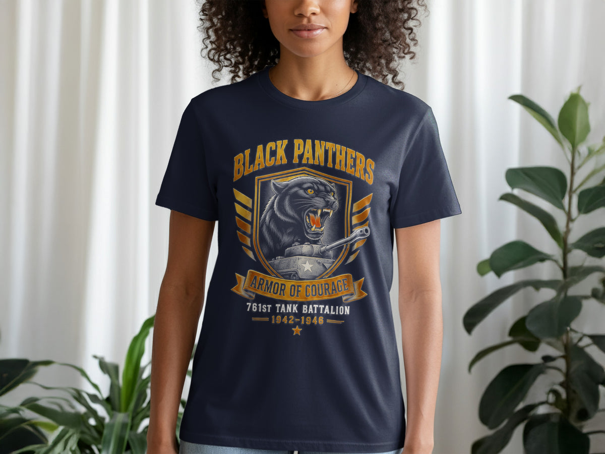 Dark blue t-shirt with "Black Panthers Armor of Courage 761st Tank Battalion" emblem.