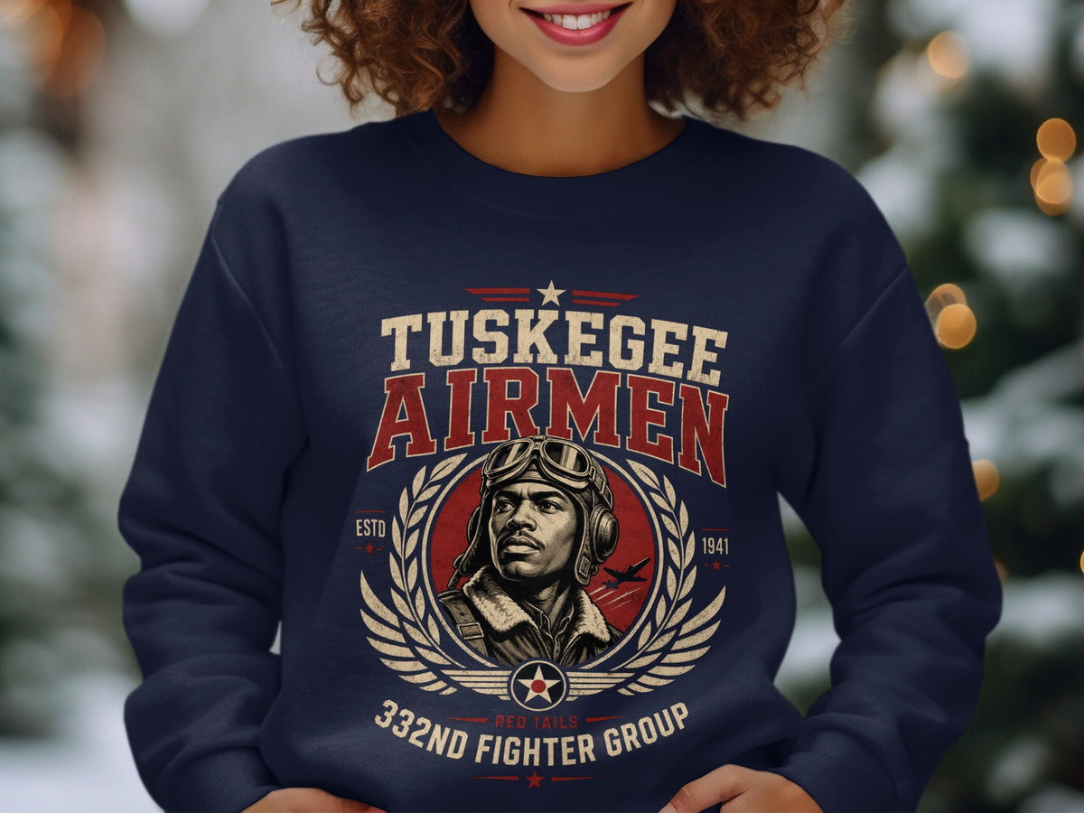 Tuskegee Airmen 332nd Fighter Group graphic with pilot portrait and airplane.