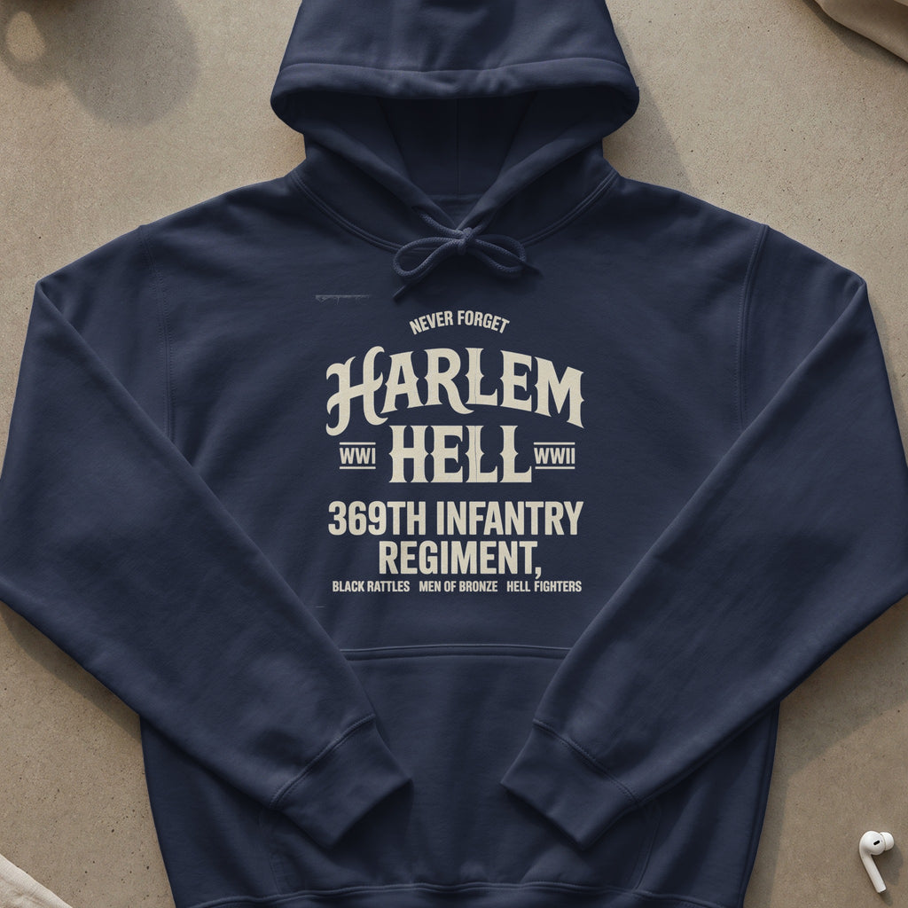 Navy hoodie with "Harlem Hellfighters 369th Infantry Regiment" text.