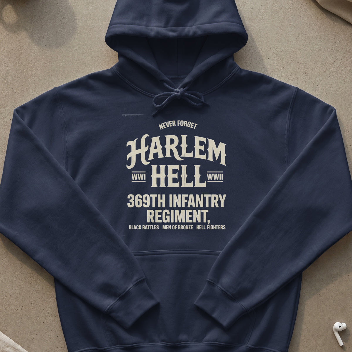 Navy hoodie with "Harlem Hellfighters 369th Infantry Regiment" text.