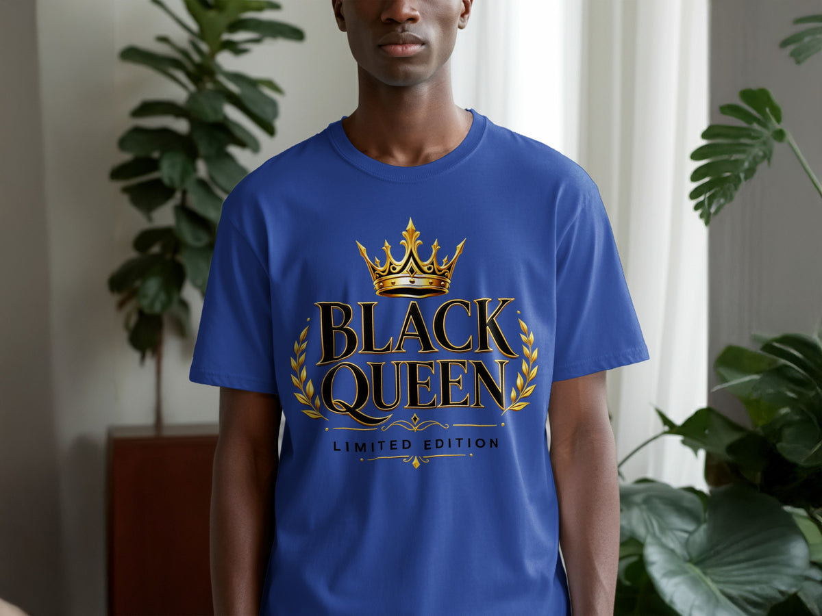 Blue t-shirt with golden crown and "BLACK QUEEN LIMITED EDITION" text.